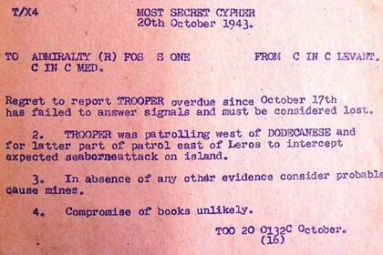 Un memorando informaba de que el Trooper no había respondido a las señales el 17 de octubre de 1943, mientras patrullaba