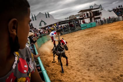 Un niño observa a un jinete hacer piruetas con su caballo durante una competencia en el rodeo de la feria ganadera de Boyeros durante la Feria Internacional Agrícola Fiagrop 2022 en La Habana, Cuba, el viernes 8 de abril de 2022. El rodeo en Cuba es una tradición de más de dos siglos. (Foto AP/Ramón Espinosa)