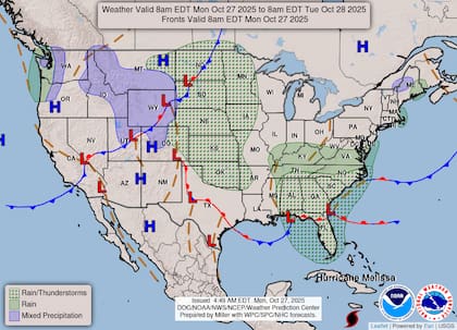 Un nuevo sistema de baja presión que se formará sobre el valle del Mississippi generará precipitaciones generalizadas y tormentas eléctricas hacia el martes, con riesgo de inundaciones puntuales en los estados del Medio Sur