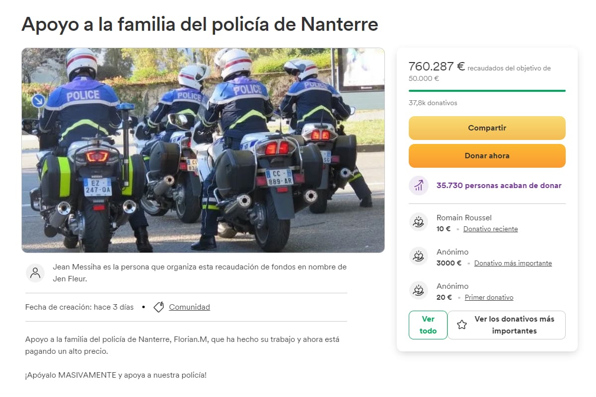 Un periodista de extrema derecha inició una colecta en GoFundMe en apoyo al policía que asesinó a un adolescente en Francia