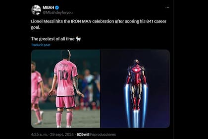 Un posteo de la red social X donde se muestra la comparación entre la celebración de Messi y el vuelo de Iroman