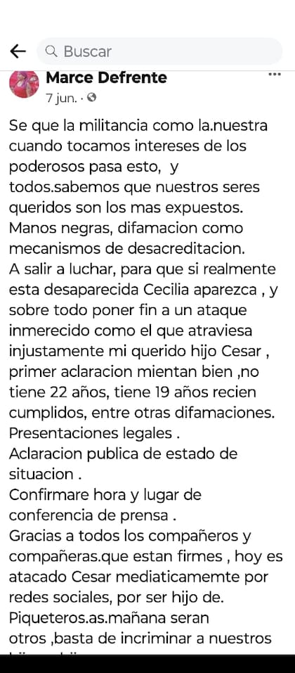 Un posteo de Marcela Acuña, el día después de la denuncia de la desaparición de Cecilia Strzyzowski