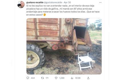 Un productor agropecuario contó en Twitter la maniobra que hace su madre para sacar un nido de una picadora