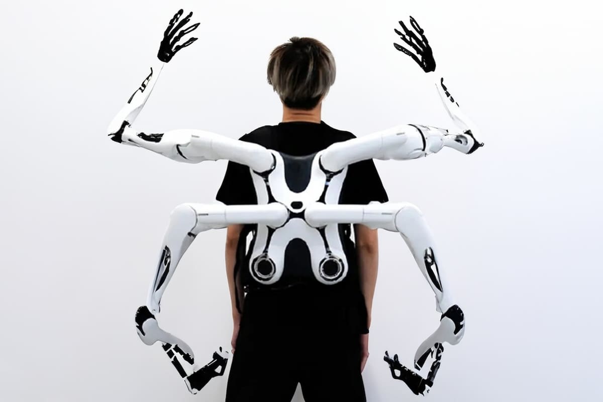 Un prototipo de Jizai Arms, los brazos robóticos que complementan los propios de la persona que los usa