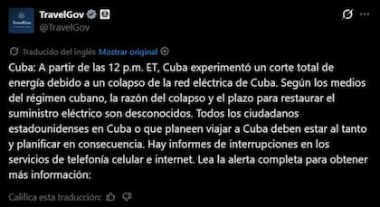 Un reciente informe del Departamento de Estado de los Estados Unidos advierte sobre un colapso total del sistema eléctrico en Cuba que ha dejado a la isla sin energía
