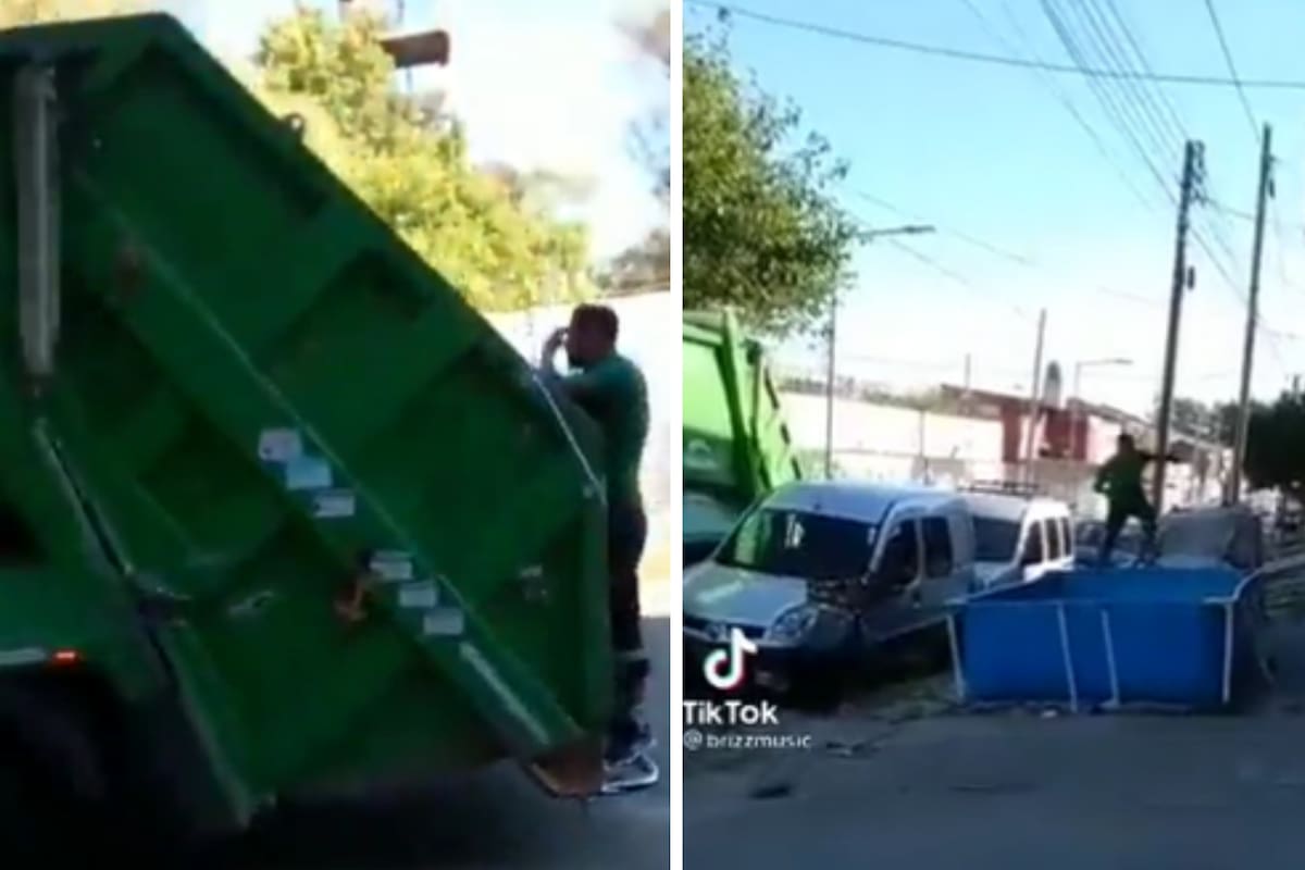 Un recolector de basura apeló al ingenio para refrescarse en medio de la ola