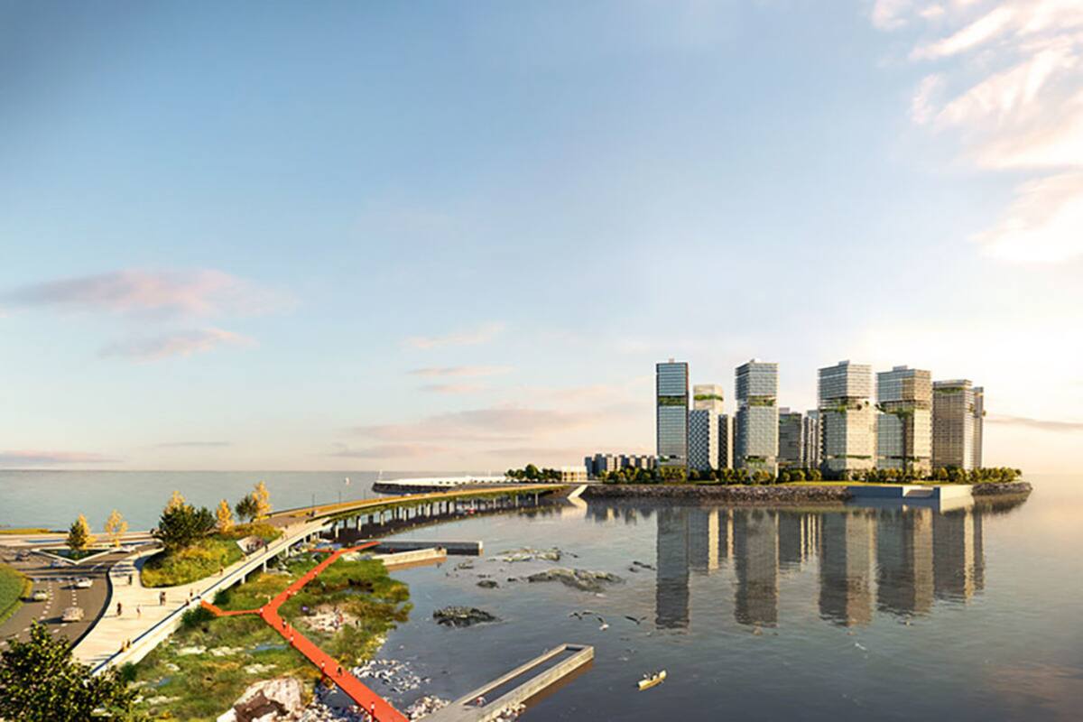 Un render del proyecto de isla artificial impulsado por el gobierno de Lacalle Pou