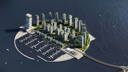 Un render del proyecto de isla artificial impulsado por el gobierno de Lacalle Pou
