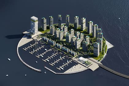 Un render del proyecto de isla artificial aprobado por el gobierno de Lacalle Pou