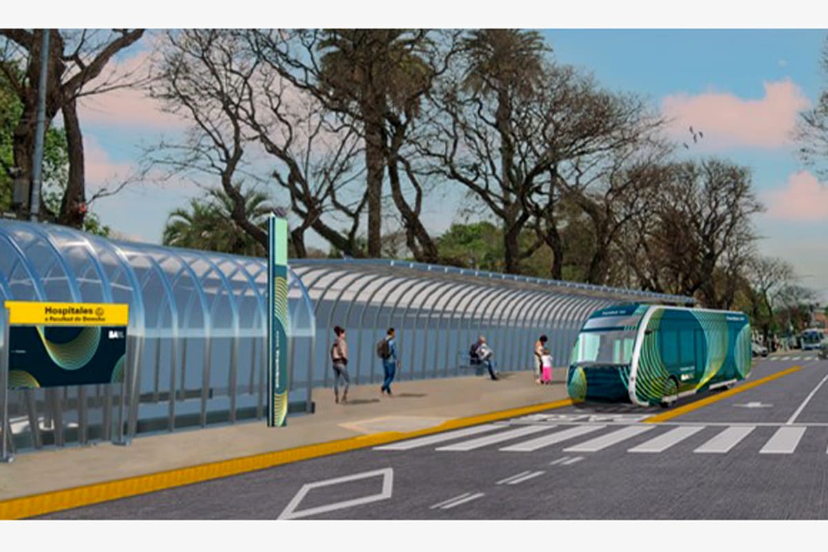 Un render que proyecta una estación del Trambús que combina con el subte