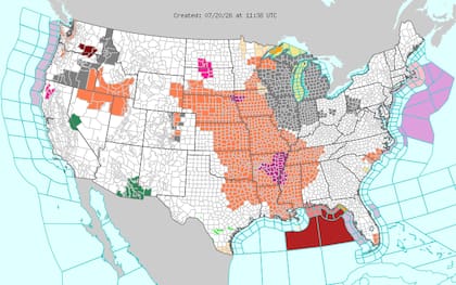Un sistema de alta presión elevará los índices térmicos hasta niveles peligrosos de entre 110°F (43°C) y 115°F (46°C) en los valles del Missouri y Mississippi
