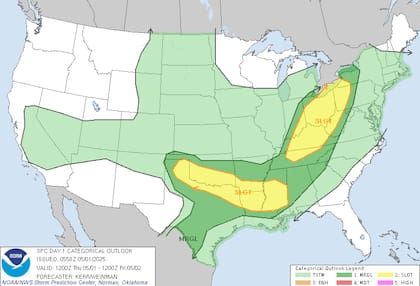 Un sistema de baja presión avanzará hacia el noreste, el cual afectará los valles del Mississippi, Ohio y Tennessee con vientos superiores a 100 km/h y posible actividad tornádica
