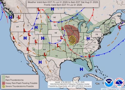 Un sistema de baja presión y un frente frío impulsarán lluvias abundantes desde el valle del Mississippi hacia los Grandes Lagos y los valles del Ohio y Tennessee