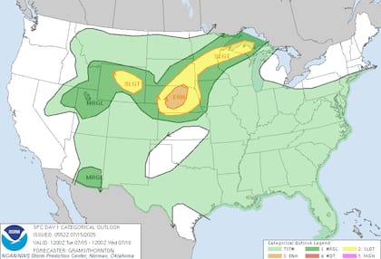 Un sistema frontal en las planicies del centro norte generará tormentas severas con granizo y ráfagas de hasta 140 km/h, especialmente en Nebraska central, donde el SPC emitió un ‘riesgo mejorado’ por posibles daños estructurales