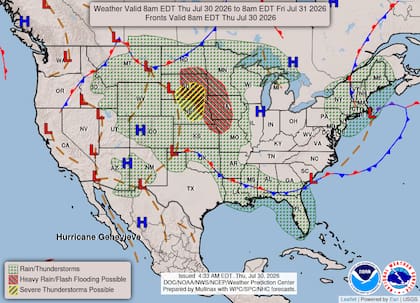 Un sistema frontal impulsará rondas de tormentas desde las Grandes Llanuras hacia el Medio Oeste Superior con riesgo de inundaciones locales