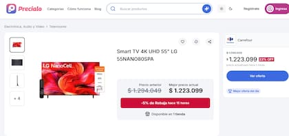 Un Smart TV LG 4K de 55 pulgadas pasó de $1.636.899 el 11 de mayo a $1.223.099 en la actualidad, una baja del 25%