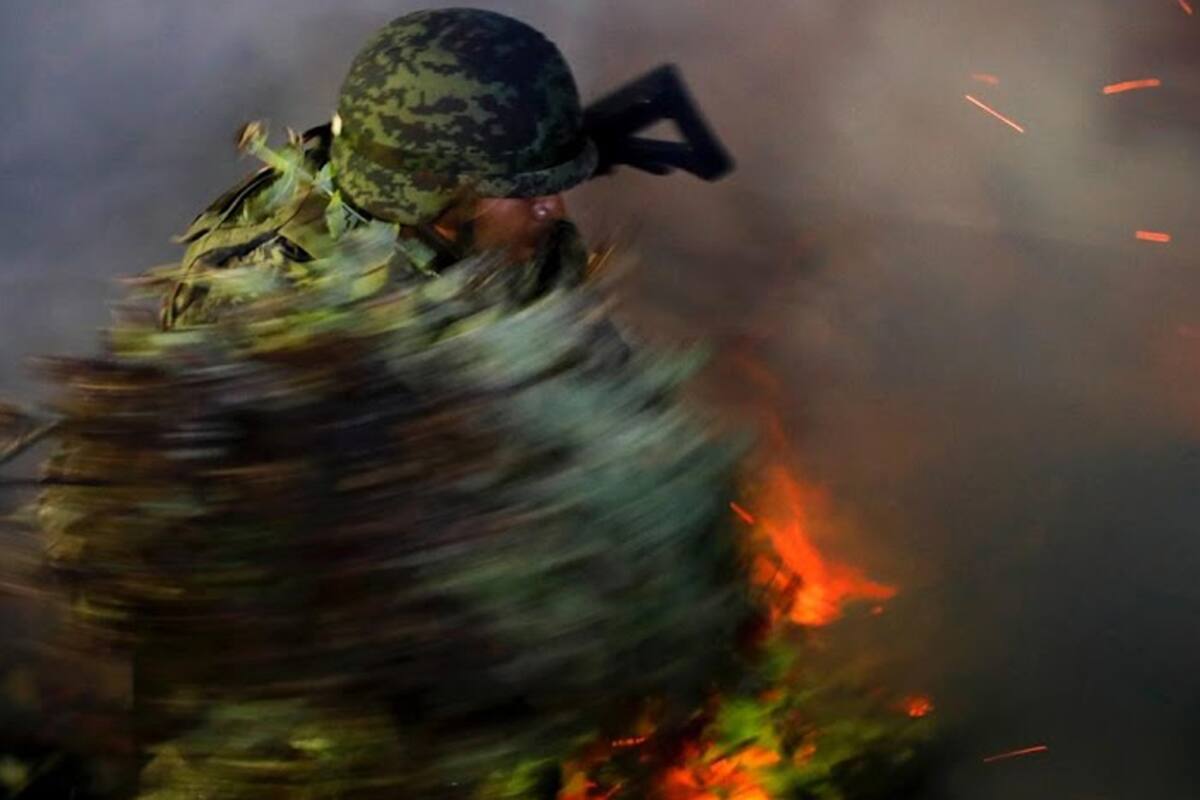 Un soldado mexicano quemando una plantación ilegal de amapola en la Sierra Madre del Sur, estado Guerrero, en México