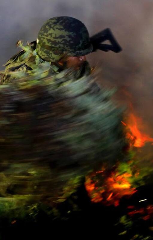 Un soldado mexicano quemando una plantación ilegal de amapola en la Sierra Madre del Sur, estado Guerrero, en México