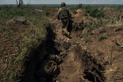 Un soldado ucraniano recorre una trinchera recientemente recuperada con cuerpos de soldados rusos, cerca de Bakhmut, Ucrania, el martes 4 de julio de 2023