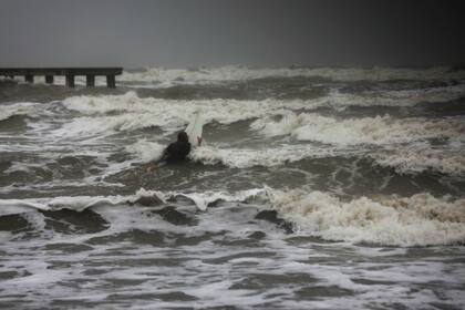 Un surfista intenta remar entre las olas mientras el viento y la lluvia de la tormenta tropical Nicholas golpea la zona, el lunes 13 de septiembre de 2021, junto al dique en Galveston, Texas. (Jon Shapley/Houston Chronicle via AP)