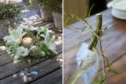 Un tip: Las flores de jardín deben hidratarse muy rápidamente luego de cortarlas. Deben ir directo al agua, como en este caso, o ser hidratadas previamente si se usarán en espuma floral. Se pueden usar pequeños trozos de rama de sauce con un corte longitudinal a modo de pinza (derecha).