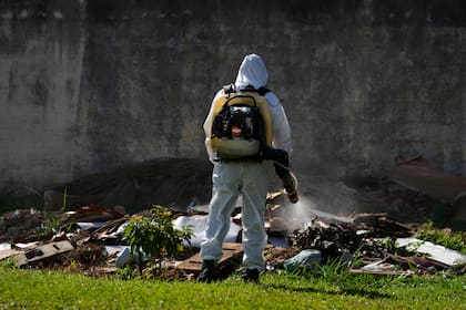 Un trabajador de salud pública fumiga el terreno de una escuela pública como parte de una campaña contra los mosquitos portadores del dengue en el vecindario de  Sao Sebastiao de Brasilia