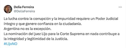 Un tuit en contra de la nominación del juez Lijo para la Corte Suprema