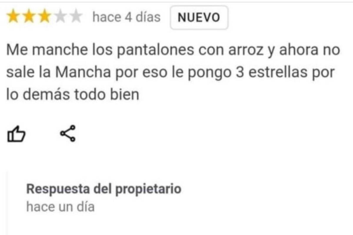 Un usuario de Google Maps le bajó la calificación a un restaurante porque se manchó sus pantalones; el dueño no dudó en responderle.