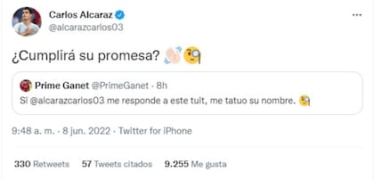 Un usuario de Twitter se tatuó mal el nombre del tenista español Carlos Alcaraz.
