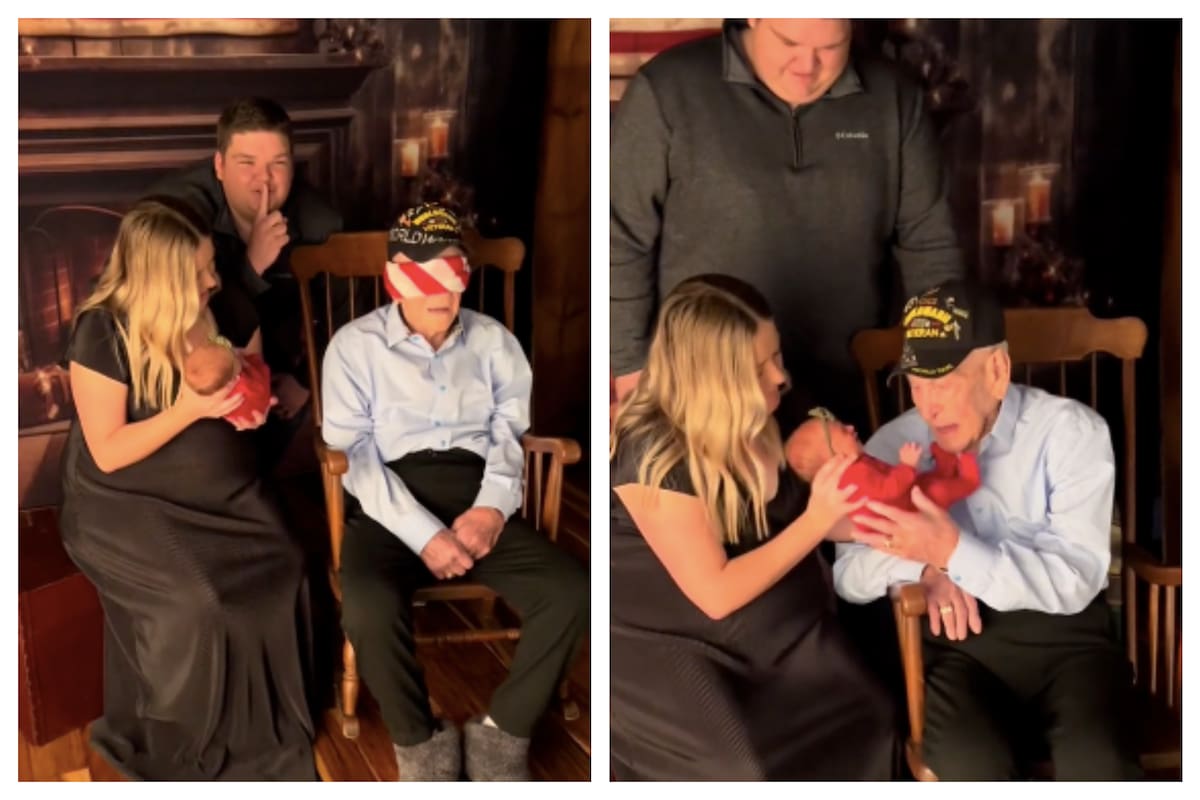 Un veterano de la Segunda Guerra Mundial de 101 años se emocionó hasta las lágrimas al conocer a su tataranieta (FotoJet)