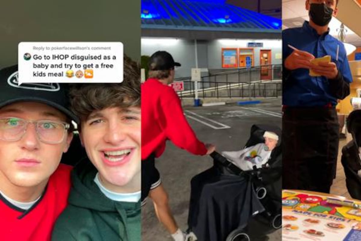 Un video viral muestra cómo un dúo cómico logró salirse con la suya disfrazándose como un bebé y su padre para obtener una comida infantil gratuita