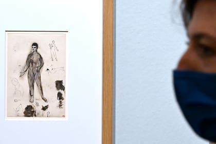 Un visitante observa "Arlequín, estudio del mismo Arlequín, cinco perros...", un dibujo de 1905 del pintor español Pablo Picasso