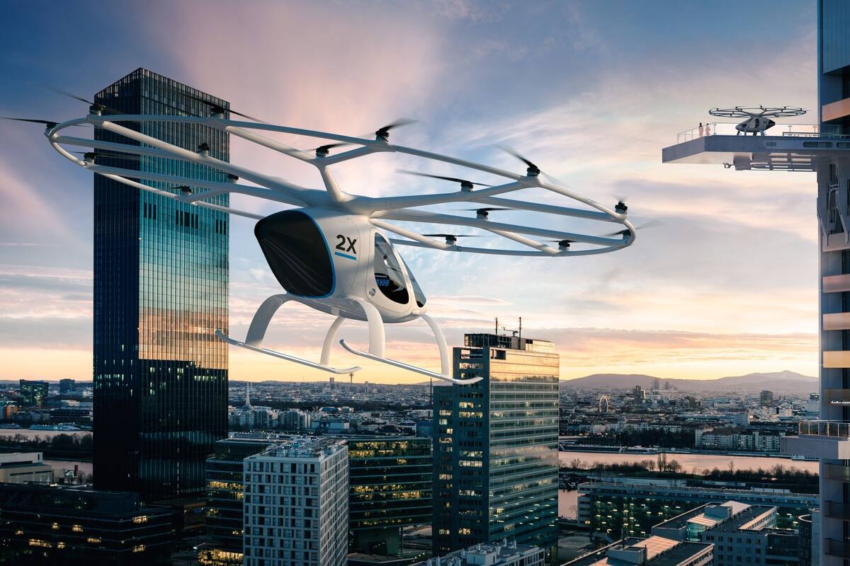 Un Volocopter; estos taxis aéreos podrían cargar pasajeros en terrazas y plataformas de los edificios