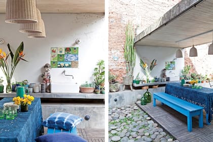 Un volumen que también tiene luces sirve como superficie de apoyo para plantas, objetos decorativos y para una pileta, siempre tan útil afuera.