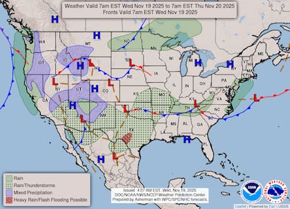 Una baja presión y un frente activo avanzarán desde el Suroeste hacia las Llanuras centrales y meridionales, con lluvias intensas y tormentas eléctricas