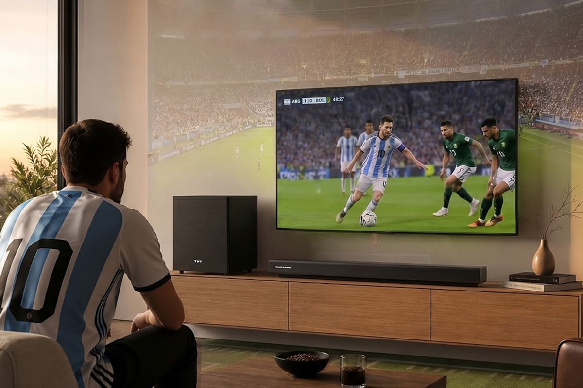 Una barra de sonido Thonet & Vander Rein Gen 2, con barra de sonido, subwoofer, y dos parlantes satelitales