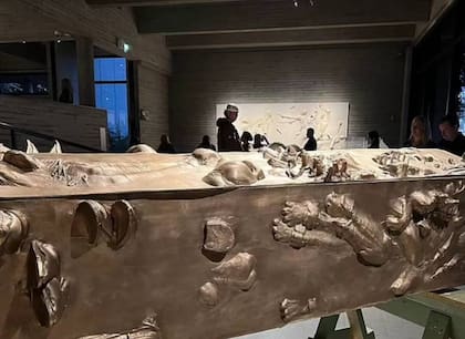 Una caja de bronce del tamaño de un ataúd de la que sobresalen brazos, piernas y cabezas