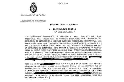 Una captura del expediente judicial donde se publica un supuesto informe secreto de la AFI señalando la existencia de una "Side de Scioli" en 2015