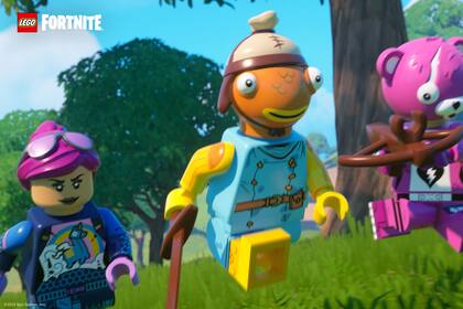 Una captura del nuevo modo de Fortnite, que combina los personajes de Lego con un escenario tipo Minecraft con algunos elementos de Animal Crossing