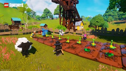Una captura del nuevo modo de Fortnite, que combina los personajes de Lego con un escenario tipo Minecraft con algunos elementos de Animal Crossing