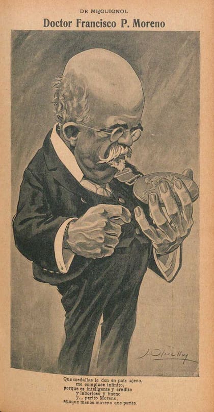 Una caricatura de PBT en 1907 da cuenta de cuánto se lo asociaba ya por entonces a Moreno con su cargo de "perito": "menos moreno que perito", remataba.