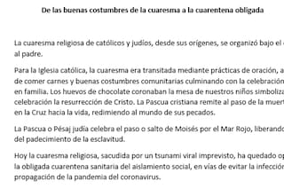 "La cuaresma religiosa ha quedado opacada por la obligada cuarentena"