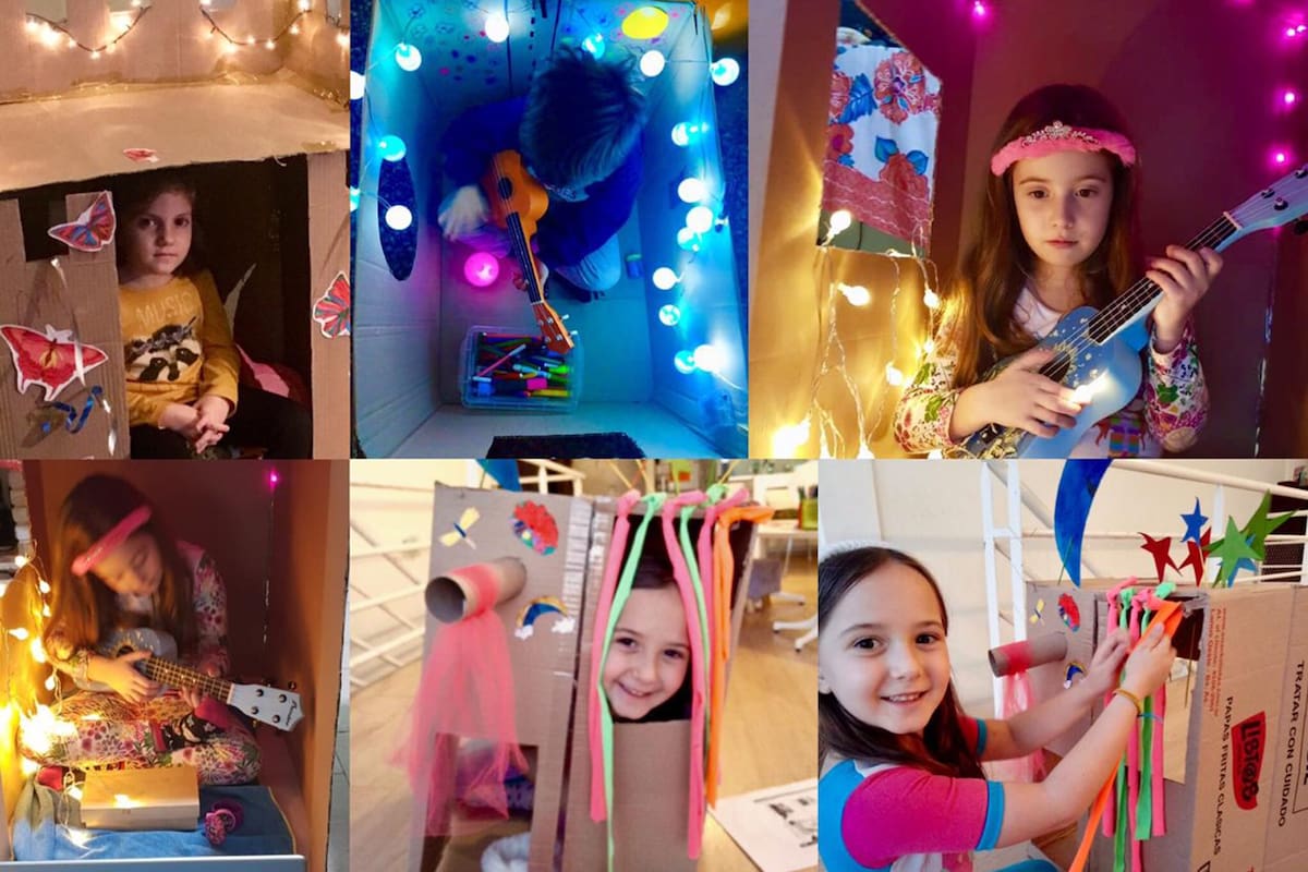 Una casa de cartón, construida por los chicos a su medida, sirve de refugio creativo durante la cuarentena