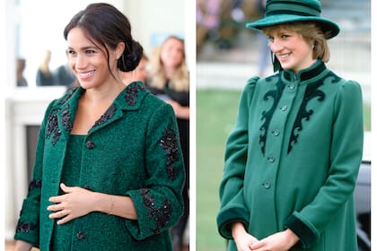 Una coincidencia cromática durante sus embarazos: una primeriza Meghan con tapado de Erdem, en 2019, y Diana, embarazada de William, con abrigo verde de Belville Sassoon, en 1982.