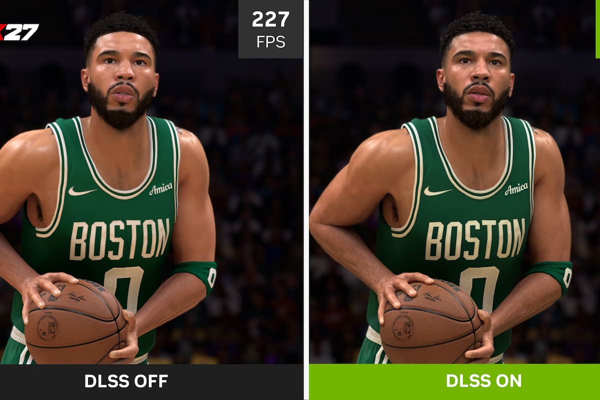 Una comparación entre los gráficos sin y con DLSS 5 de Nvidia, dentro del juego NBA 2K27