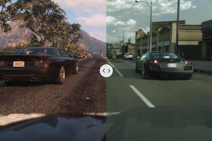 Una comparativa de la misma escena, a la izquierda con la vista original de GTA V y a la derecha con la imagen sintética que busca ofrecer un efecto fotorrealístico de Intel Labs