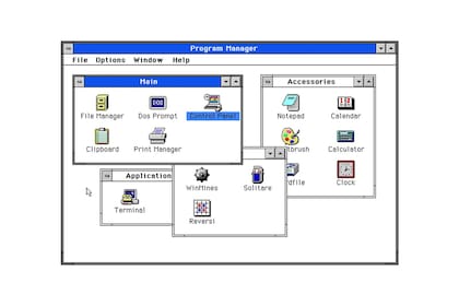 Una computadora con Windows 3.1 recién arrancado. La metáfora de Escritorio todavía estaba por venir, aunque ya existía en la Mac desde 1984
