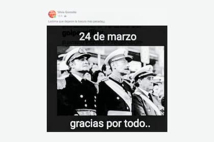 El año pasado, la concejala de Juntos por el Cambio publicó una foto de Jorge Rafael Videla, Emilio Massera y Orlando Ramón Agosti, con la leyenda “gracias por todo”.