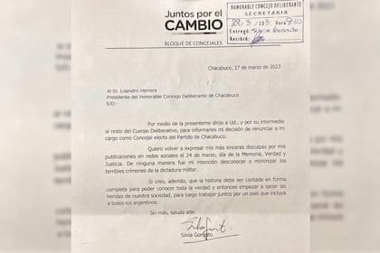 Frente al revuelo que generaron ambos posteos, la concejala opositora optó por hacerse a un lado y envió una carta de renuncia el Concejo Deliberante.
