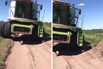 Una cosechadora en un difícil camino de Daireaux